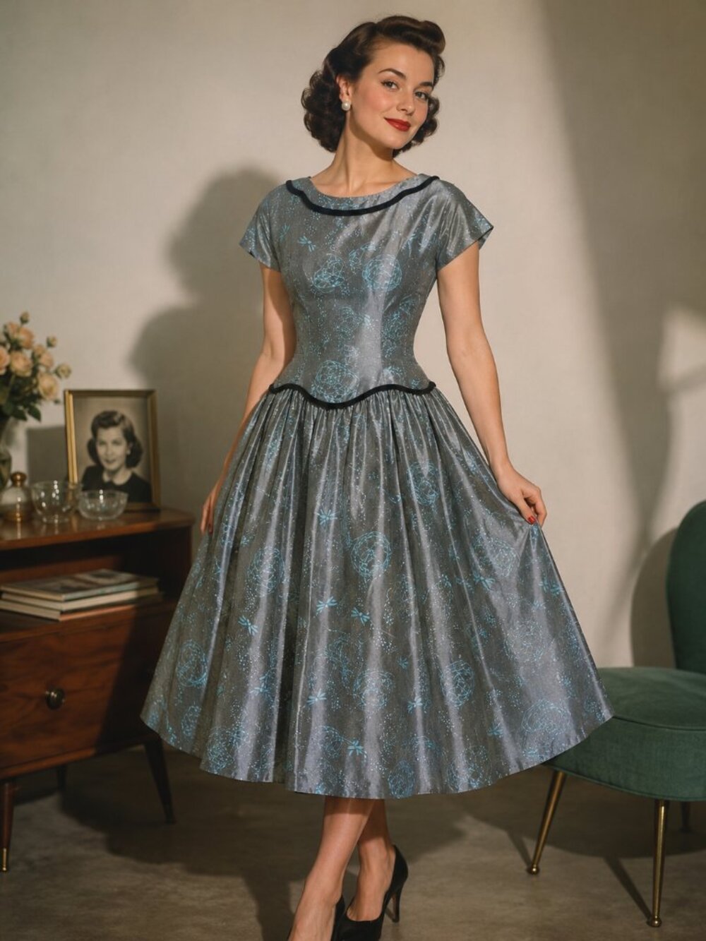 1950s Grey Blue Atomic Print Dress – Fitted Bodice, Full Skirt, Button Front